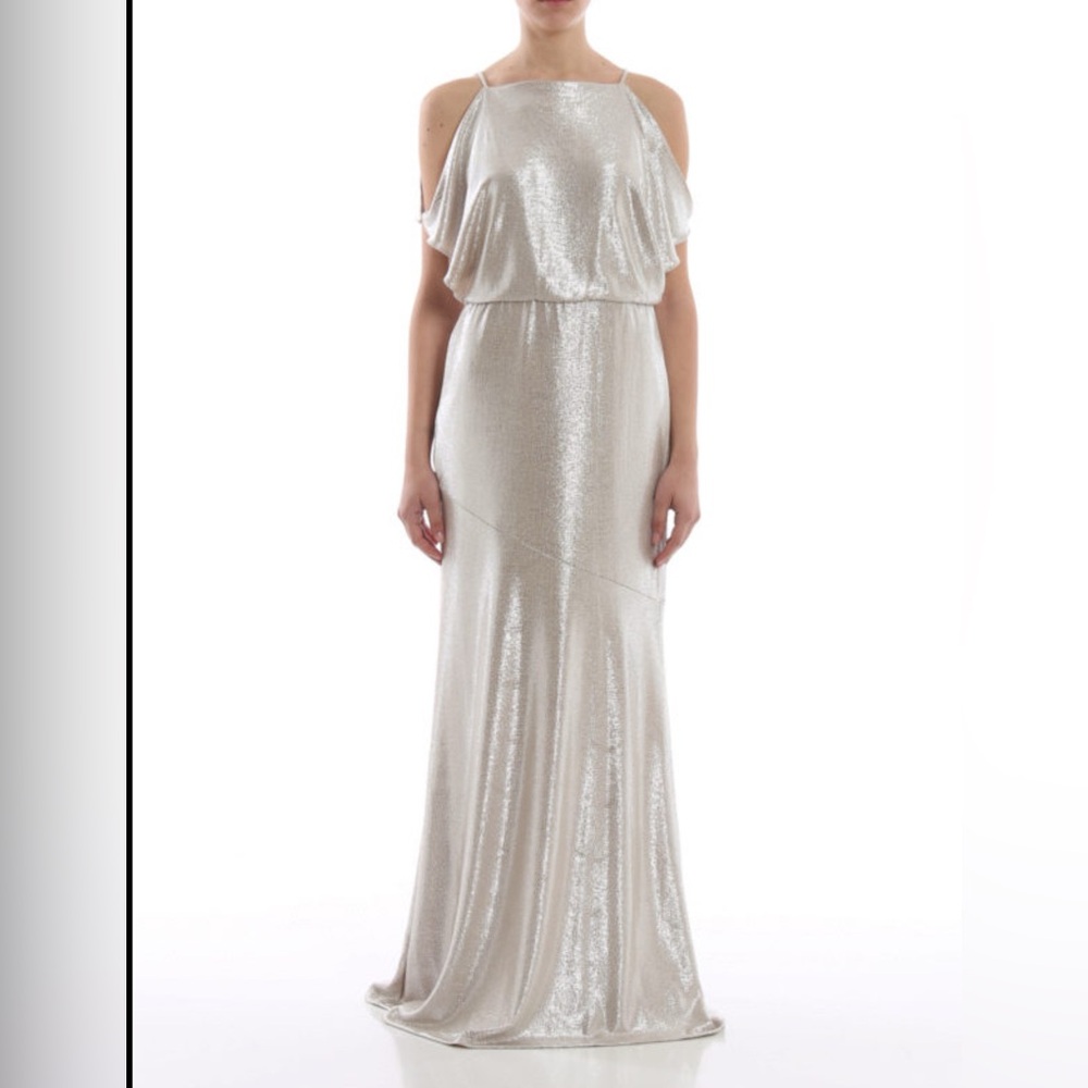 Lauren Ralph Lauren Metallic Cold Shoulder Gown Champagne Formal Size 16 nwt